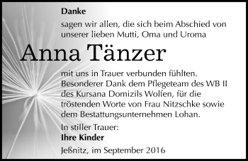 Traueranzeige von Anna Tänzer von Mitteldeutsche Zeitung Bitterfeld