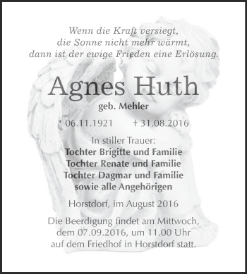 Traueranzeige von Agnes Huth von WVG - Wochenspiegel Wittenberg