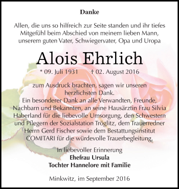 Traueranzeige von Alois Ehrlich von Super Sonntag Zeitz