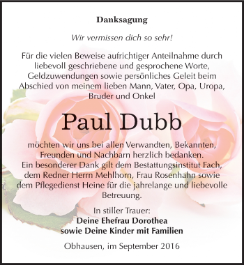 Traueranzeige von Paul Dubb von Mitteldeutsche Zeitung Merseburg/Querfurt