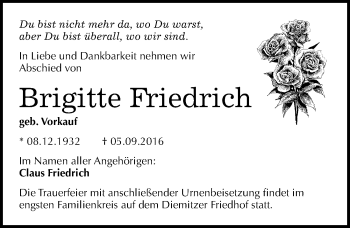 Traueranzeige von Brigitte Friedrich von Mitteldeutsche Zeitung Halle/Saalkreis