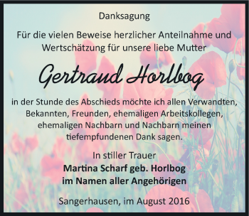 Traueranzeige von Gertraud Horlbog von Mitteldeutsche Zeitung Sangerhausen