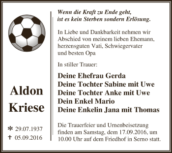 Traueranzeige von Aldon Kriese von WVG - Wochenspiegel Dessau / Köthen