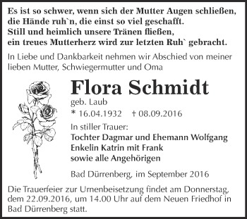Traueranzeige von Flora Schmidt von Super Sonntag Merseburg