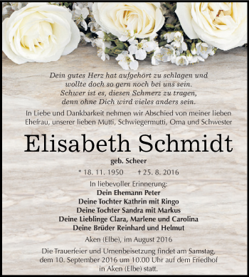 Traueranzeige von Elisabeth Schmidt von WVG - Wochenspiegel Dessau / Köthen