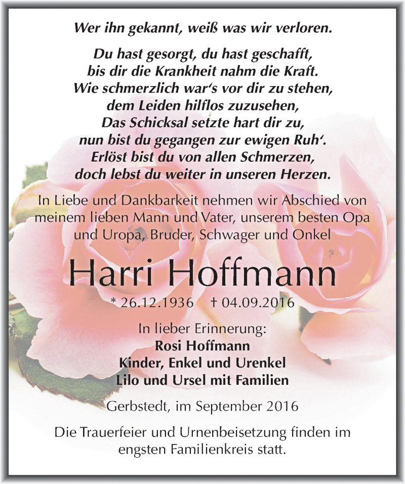  Traueranzeige für Harri Hoffmann vom 09.09.2016 aus Mitteldeutsche Zeitung Mansfelder Land