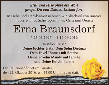 Traueranzeige von Erna Braunsdorf von WVG - Wochenspiegel Dessau / Köthen