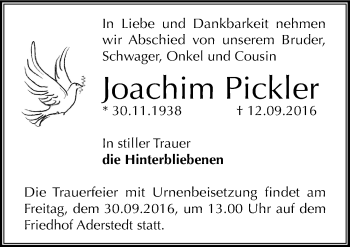 Traueranzeige von Joachim Pickler von Mitteldeutsche Zeitung Bernburg