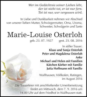 Traueranzeige von Marie-Louise Osterloh von Super Sonntag SGH Mansf. Land