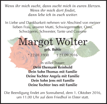 Traueranzeige von Margot Wolter von Mitteldeutsche Zeitung Wittenberg