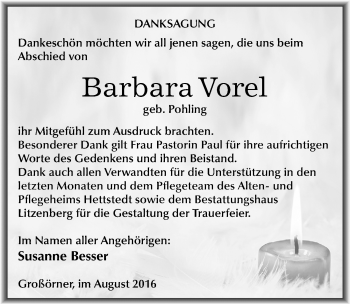 Traueranzeige von Barbara Vorel von Mitteldeutsche Zeitung Mansfelder Land