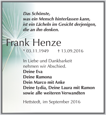 Traueranzeige von Frank Henze von Mitteldeutsche Zeitung Mansfelder Land