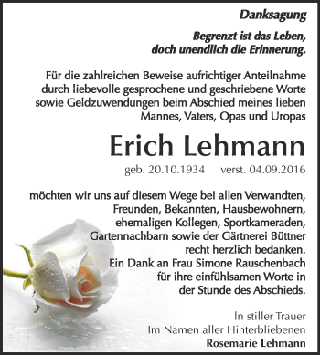 Traueranzeige von Erich Lehmann von WVG - Wochenspiegel NMB / WSF / ZTZ