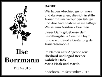 Traueranzeige von Ilse Borrmann von Mitteldeutsche Zeitung Quedlinburg