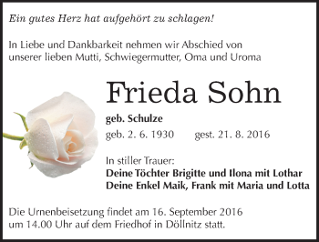 Traueranzeige von Frieda Sohn von Mitteldeutsche Zeitung Halle/Saalkreis