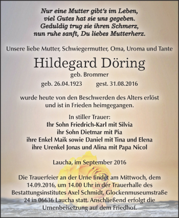 Traueranzeige von Hildegard Döring von WVG - Wochenspiegel NMB / WSF / ZTZ