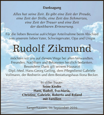Traueranzeige von Rudolf Zikmund von Super Sonntag SGH Mansf. Land