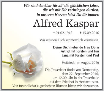 Traueranzeige von Alfred Kaspar von Mitteldeutsche Zeitung Mansfelder Land