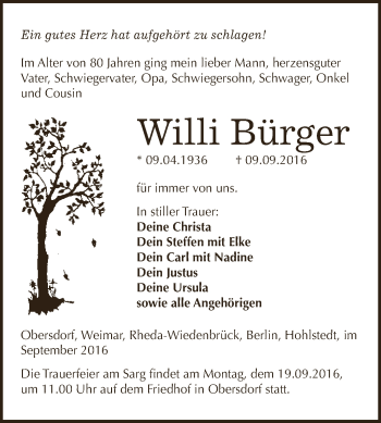 Traueranzeige von Willi Bürger von Super Sonntag SGH Mansf. Land