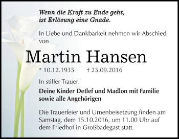 Traueranzeige von Martin Hansen von WVG - Wochenspiegel Dessau / Köthen