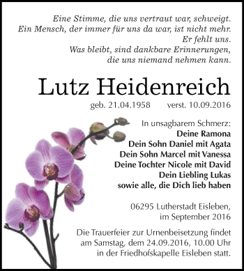 Traueranzeige von Lutz Heidenreich von Wochenspiegel Mansfelder Land