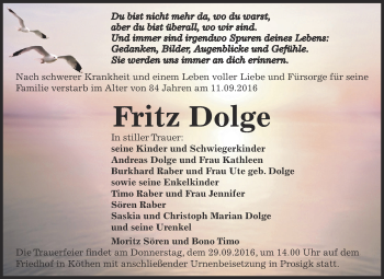 Traueranzeige von Fritz Dolge von WVG - Wochenspiegel Dessau / Köthen