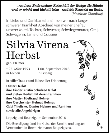 Traueranzeige von Silvia Virena Herbst von WVG - Wochenspiegel Dessau / Köthen