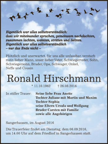 Traueranzeige von Ronald Hirschmann von Super Sonntag SGH Mansf. Land
