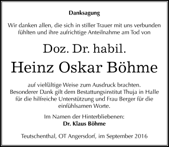 Traueranzeige von Heinz Oskar Böhme von Mitteldeutsche Zeitung Halle/Saalkreis