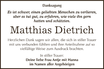 Traueranzeige von Matthias Dietrich von WVG - Wochenspiegel NMB / WSF / ZTZ