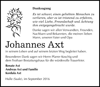 Traueranzeige von Johannes Axt von Mitteldeutsche Zeitung Halle/Saalkreis