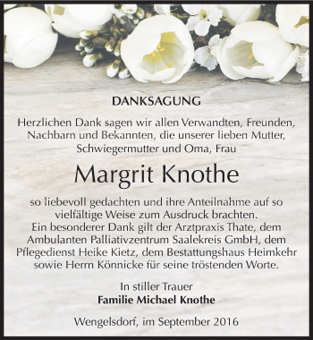 Traueranzeige von Margrit Knothe von Mitteldeutsche Zeitung Weißenfels