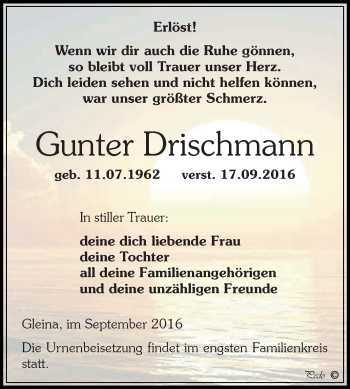 Traueranzeige von Gunter Drischmann von Super Sonntag Zeitz