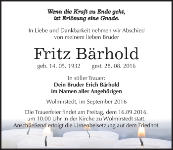 Traueranzeige von Fritz Bärhold von Mitteldeutsche Zeitung Naumburg/Nebra
