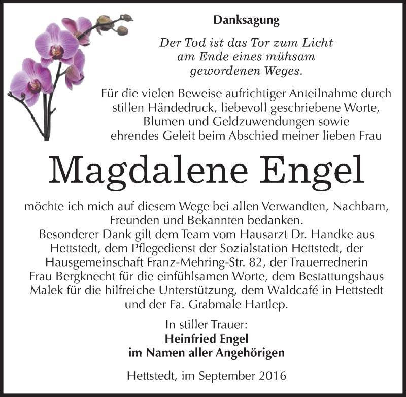  Traueranzeige für Magdalene Engel vom 30.09.2016 aus Mitteldeutsche Zeitung Sangerhausen