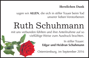 Traueranzeige von Ruth Schuhmann von Mitteldeutsche Zeitung Köthen