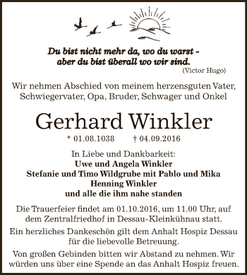 Traueranzeige von Gerhard Winkler von WVG - Wochenspiegel Dessau / Köthen