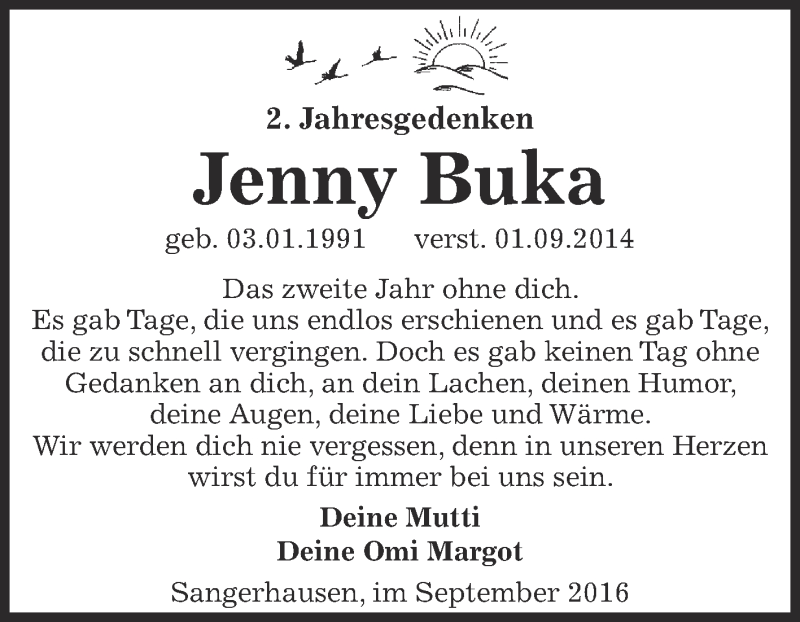  Traueranzeige für Jenny Buka vom 03.09.2016 aus Super Sonntag SGH Mansf. Land