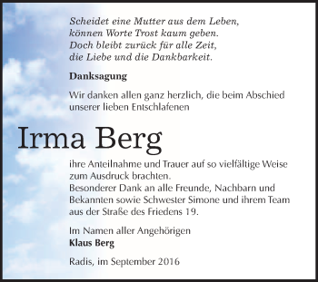 Traueranzeige von Irma Berg von WVG - Wochenspiegel Wittenberg