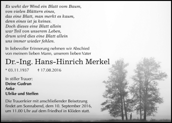 Traueranzeige von Hans-Hinrich Merkel von Mitteldeutsche Zeitung Wittenberg