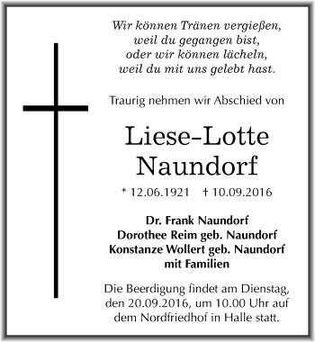 Traueranzeige von Liese-Lotte Naundorf von Mitteldeutsche Zeitung Halle/Saalkreis