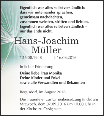 Traueranzeige von Hans-Joachim Müller von Super Sonntag Zeitz
