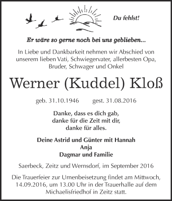 Traueranzeige von Werner Kloß von Super Sonntag Zeitz
