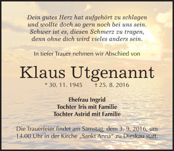 Traueranzeige von Klaus Utgenannt von Mitteldeutsche Zeitung Halle/Saalkreis