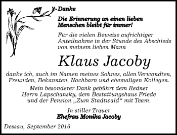 Traueranzeige von Klaus Jacoby von Mitteldeutsche Zeitung Dessau-Roßlau
