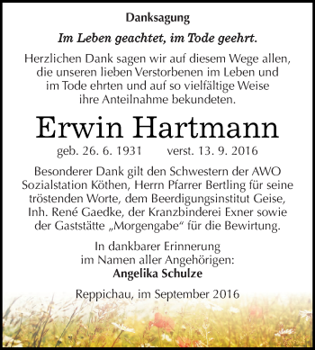 Traueranzeige von Erwin Hartmann von WVG - Wochenspiegel Dessau / Köthen