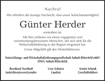 Traueranzeige von Günter Herder von WVG - Wochenspiegel Bitterfeld