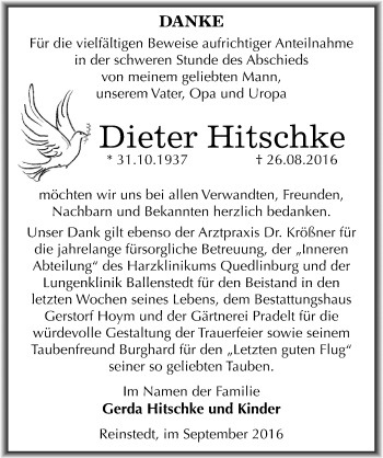 Traueranzeige von Dieter Hitschke von Mitteldeutsche Zeitung Quedlinburg