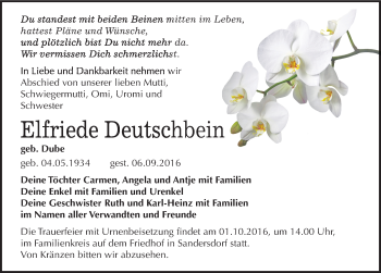 Traueranzeige von Elfriede Deutschbein von Mitteldeutsche Zeitung Bitterfeld