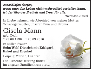 Traueranzeige von Gisela Mann von Mitteldeutsche Zeitung Zeitz